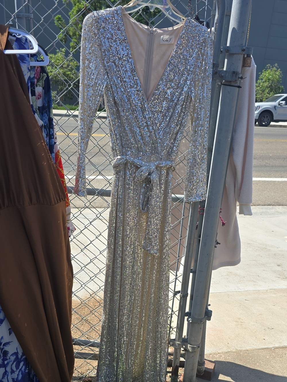 Eliza J Silver Sequin Wrap Maxi Dress
